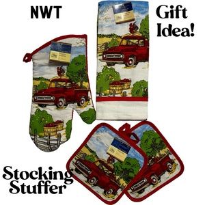 4Pc set dish towel two pot holders oven glove country Farm truck red